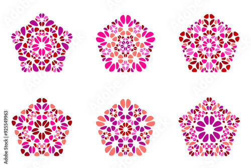 Isolated petal ornament pentagon symbol template set - geometric colorful geometrical abstract pentagonal vector designs