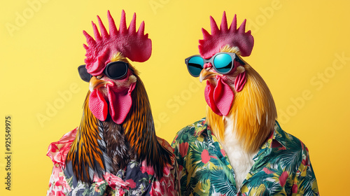  Two roosters wearing sunglasses and bright Hawaiian shirts against a yellow wall