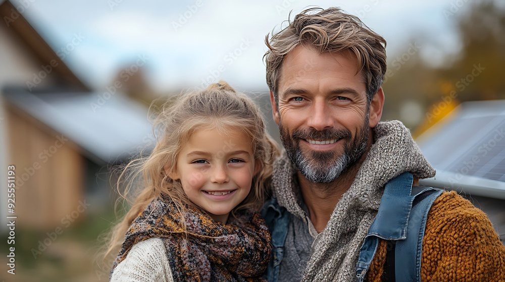 Father with girl on roof with solar panels, hugging. Rooftop solar or photovoltaic system. Sustainable future for next generation. Father with girl on roof with solar panels, hugging. Rooftop solar or photovoltaic system. Sustainable future for next generation.