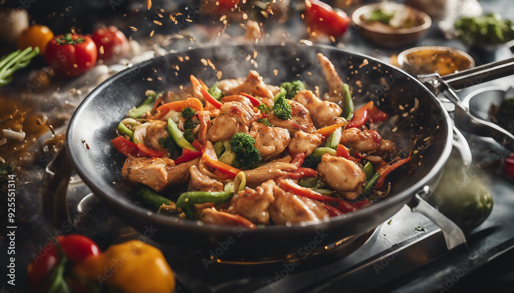 A wok in mid-toss, with vibrant vegetables and tender pieces of chicken flying through the air A wok in mid-toss, with vibrant vegetables and tender pieces of chicken flying through the air