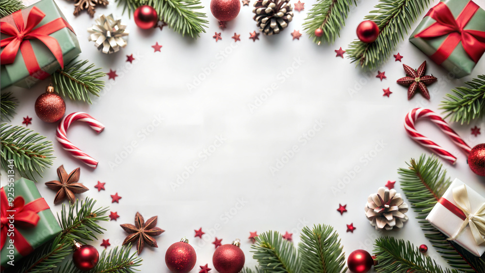 Christmas background with decorations, gift box and fir branches on white background. Flat lay, top view. Christmas background with decorations, gift box and fir branches on white background. Flat lay, top view.