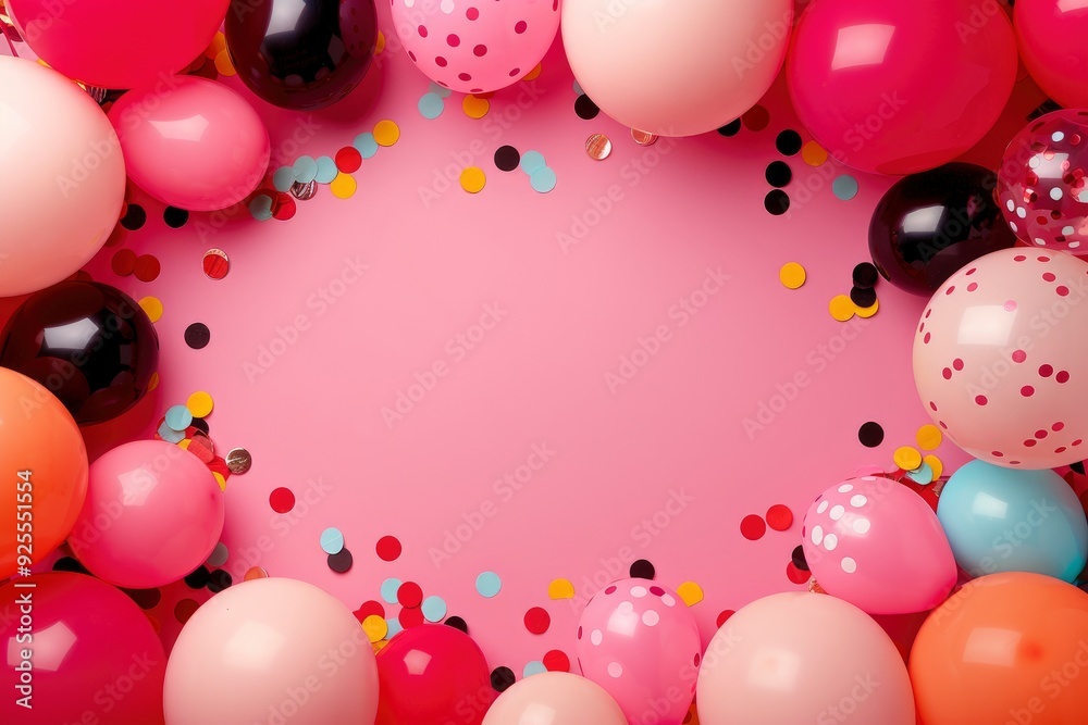 Pastel Pink Table With A Frame Of Balloons And Confetti For A Birthday, Top View Flat Lay Pastel Pink Table With A Frame Of Balloons And Confetti For A Birthday, Top View Flat Lay