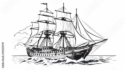 Pirate Ship Sailboat Sketch Hand Drawn Engraving - Old Drawing Boat Water Travel Vintage Art Illustration Sea Retro Ocean
