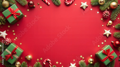 Christmas background with fir tree branches, gift boxes, christmas decorations and snowflakes. Top view with copy space