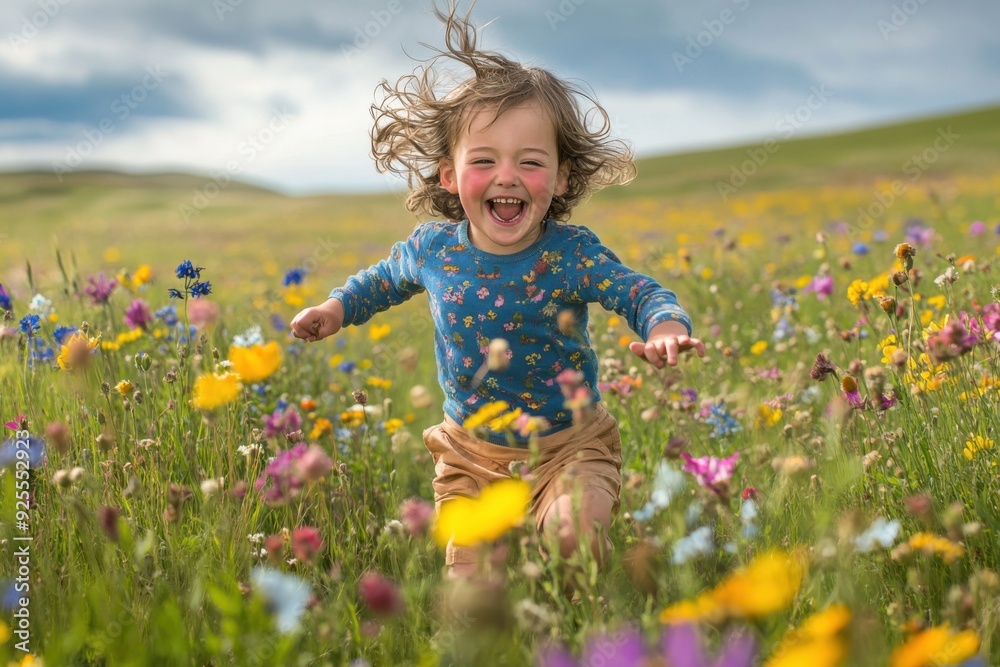A smartphone photograph of a child running through a field of wildflowers, with joy and freedom A smartphone photograph of a child running through a field of wildflowers, with joy and freedom