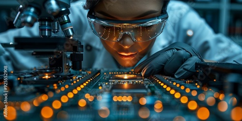 Scientist examining a microchip under a microscope in a high-tech lab, showcasing precision, technology, and innovation in electronics and research photo