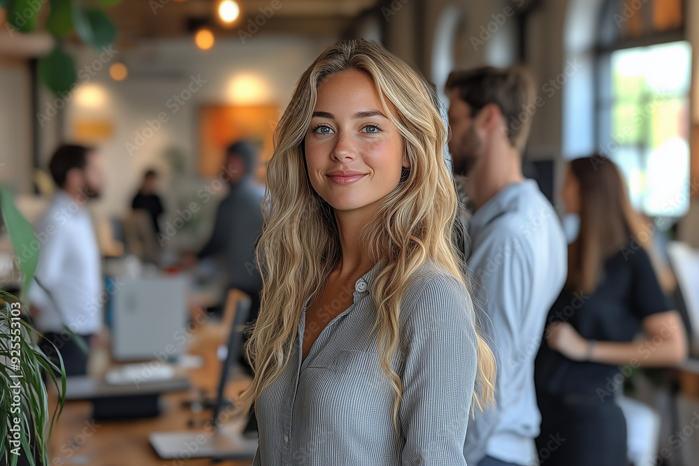 Office workers dressed in business casual attire, standing and chatting during a team-building activity in their office space. Office workers dressed in business casual attire, standing and chatting during a team-building activity in their office space.