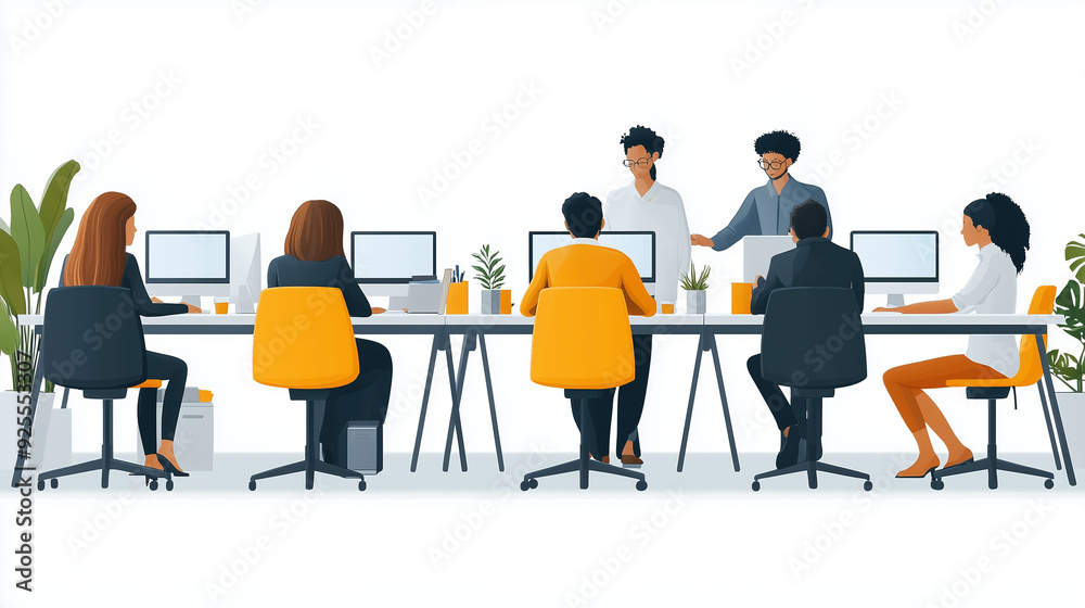 A team of office workers sitting at their desks, focused on their computers, with a supervisor standing nearby, providing guidance and support. A team of office workers sitting at their desks, focused on their computers, with a supervisor standing nearby, providing guidance and support.