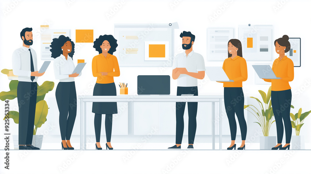 A group of office workers, including a manager, standing around a laptop on a desk, reviewing a presentation before an important meeting. A group of office workers, including a manager, standing around a laptop on a desk, reviewing a presentation before an important meeting.