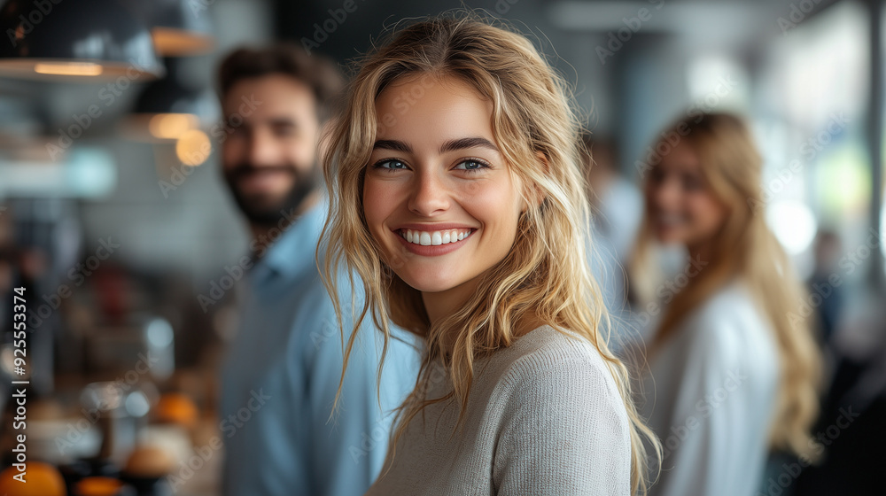 Office workers in business casual attire, standing and laughing together during a coffee break in the office kitchen. Office workers in business casual attire, standing and laughing together during a coffee break in the office kitchen.