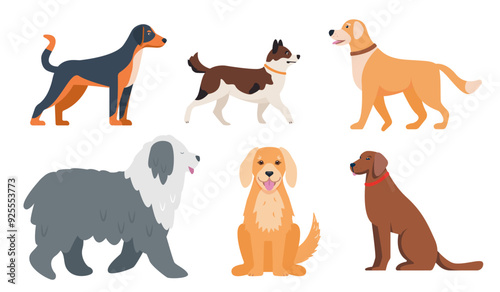 Set of different Dogs. Cute happy pets. Domestic animals for home. Dog icons Vector illustration isolated on white background.