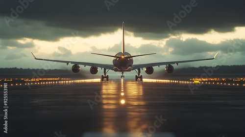 Plane Touching Down on the Runway with Lights Ablaze photo