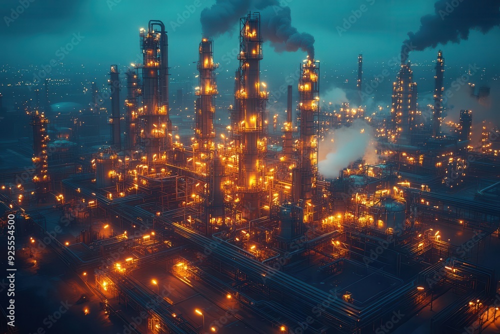 Fototapeta premium futuristic petrochemical facility glowing against a night sky intricate network of pipes towers and flares create a mesmerizing industrial landscape