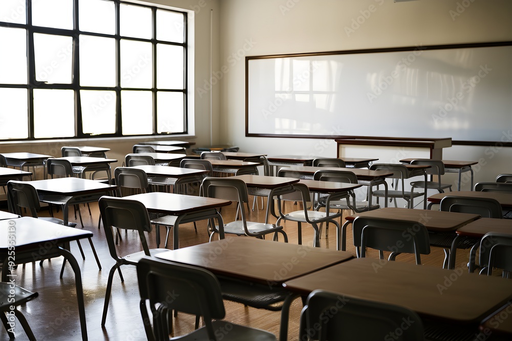 Empty classroom flooded with natural light whiteboard adds calm organization Empty classroom flooded with natural light whiteboard adds calm organization