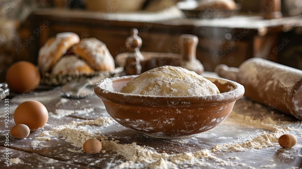 Fototapeta premium A bread-making scene with dough rising in a bowl, flour scattered on the table, and a rolling pin nearby.