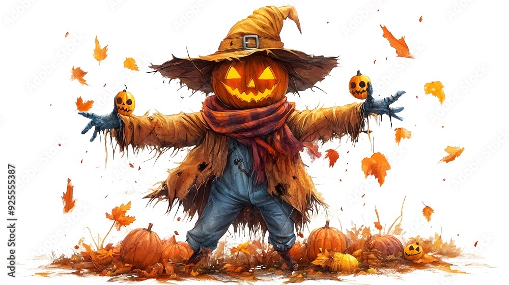 Fototapeta premium A scarecrow with Halloween party masks, spooky autumn design, hyper-detailed illustration, vibrant colors, isolated on white background