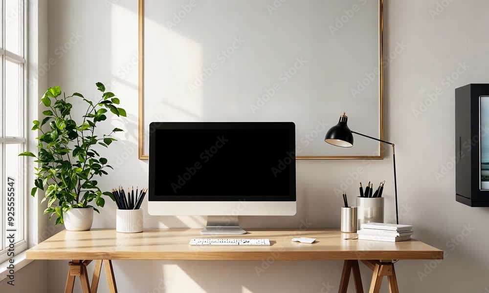 a desk with a computer and a potted plant a desk with a computer and a potted plant