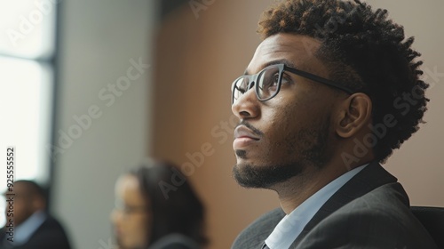 A businessman in a boardroom, listening to a presentation with focused attention