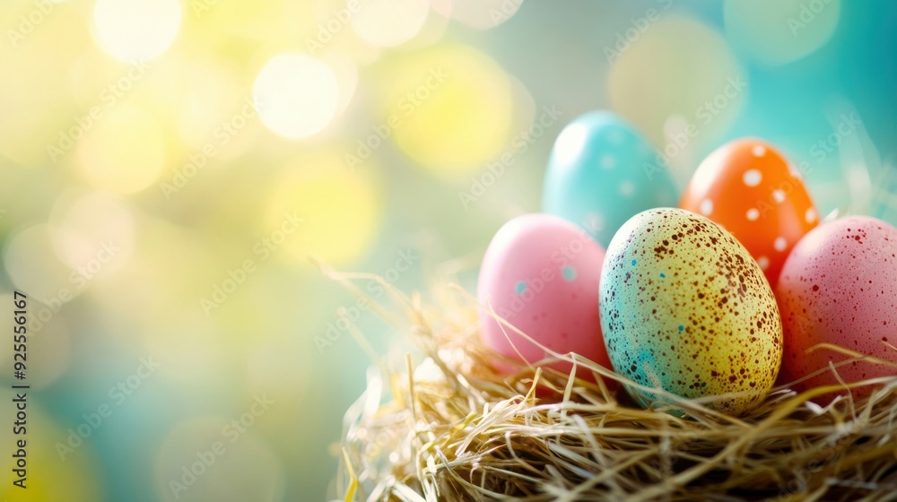 Vibrant eggs with intricate patterns rest in a cozy nest, illuminated by gentle rays of sunlight in the warm embrace of spring Vibrant eggs with intricate patterns rest in a cozy nest, illuminated by gentle rays of sunlight in the warm embrace of spring