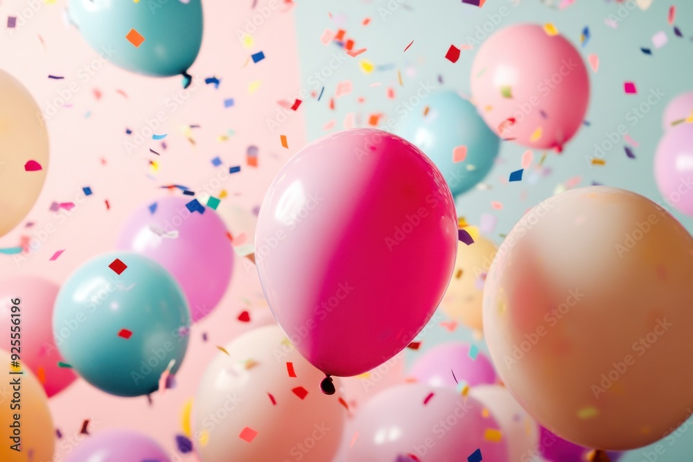 Balloons of various colors rise surrounded by festive confetti, creating a joyful atmosphere perfect for a celebration Balloons of various colors rise surrounded by festive confetti, creating a joyful atmosphere perfect for a celebration