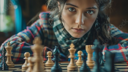 Close up of a girl playing chess