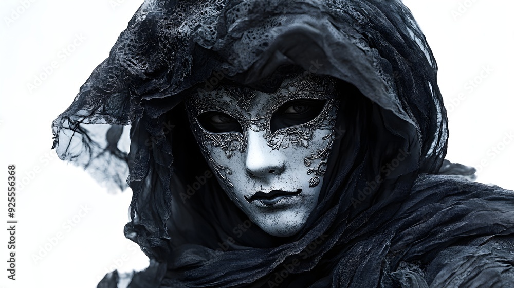 Elegant phantom in a Venetian carnival mask, dark and mysterious, flowing robes, baroque influences, isolated on white background Elegant phantom in a Venetian carnival mask, dark and mysterious, flowing robes, baroque influences, isolated on white background