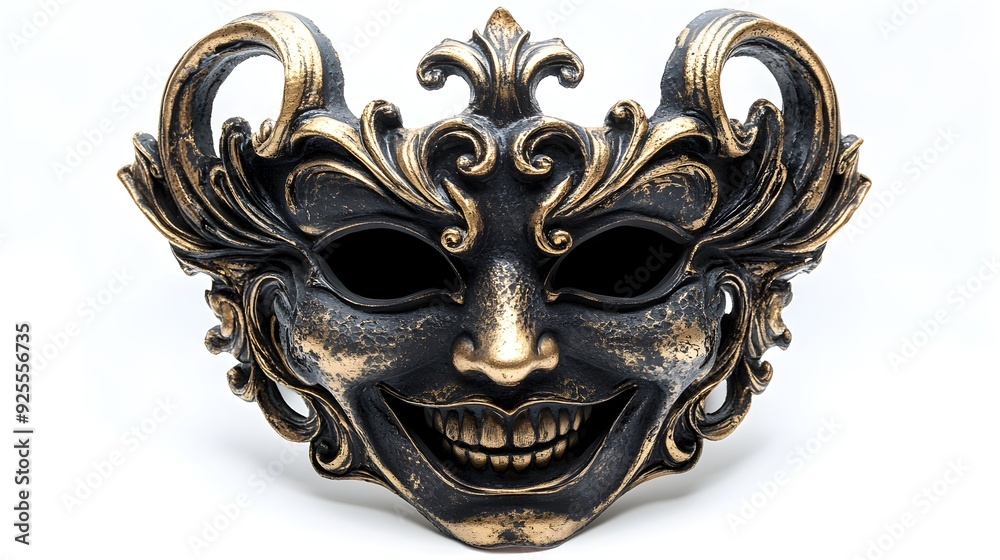 Halloween mask with a twisted grin, Gothic horror theme, baroque detailing, deep shadows, isolated on white background Halloween mask with a twisted grin, Gothic horror theme, baroque detailing, deep shadows, isolated on white background
