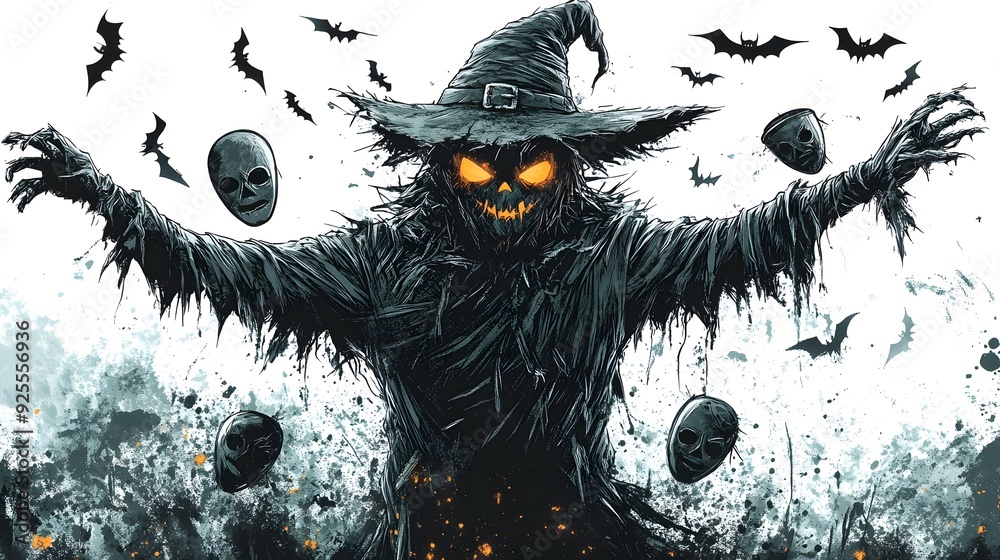 Haunted scarecrow surrounded by flying Halloween masks, dynamic scene, dark Gothic illustration, isolated on white background