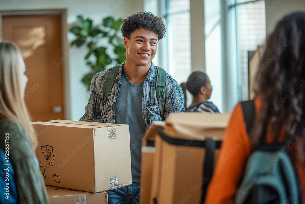 A young man with curly hair carries moving boxes, smiling at his friends in a well-lit room filled with people and greenery A young man with curly hair carries moving boxes, smiling at his friends in a well-lit room filled with people and greenery