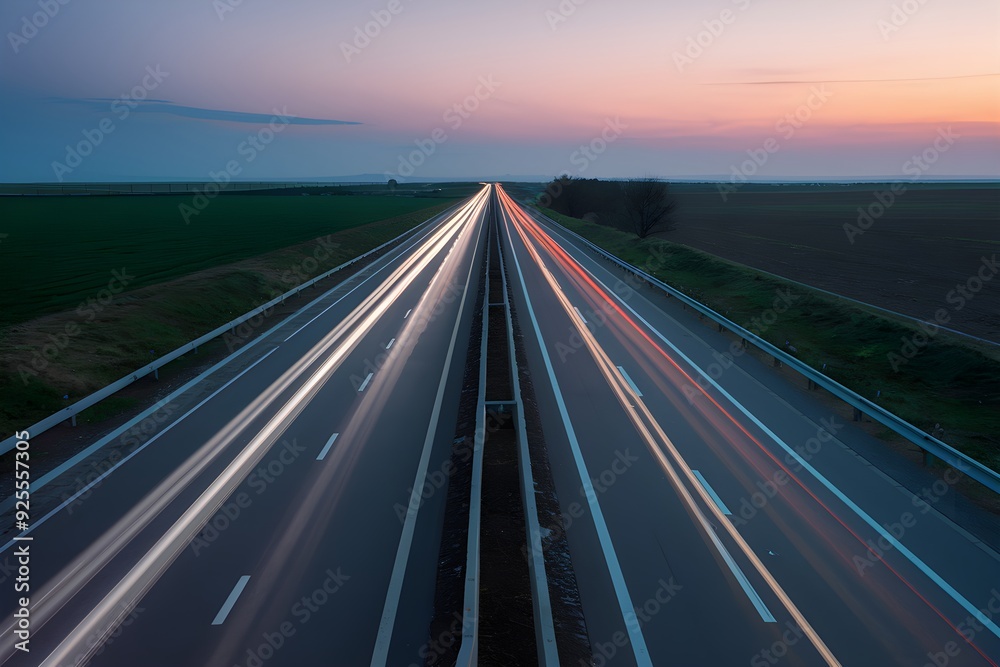 Twilight highway flanked by green fields vehicle light trails create expansive scene Twilight highway flanked by green fields vehicle light trails create expansive scene