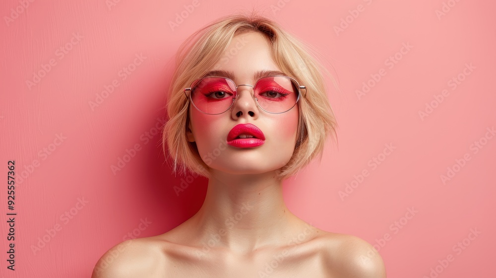 Young woman with short blonde hair wearing round pink sunglasses against a pastel pink background Young woman with short blonde hair wearing round pink sunglasses against a pastel pink background