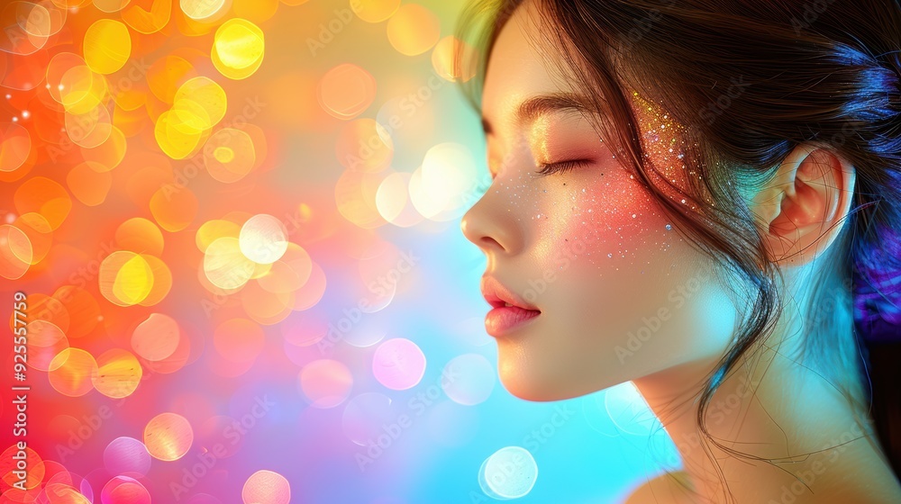 A close-up of a young woman with colorful glitter makeup and soft bokeh background in a vibrant display of colors during twilight A close-up of a young woman with colorful glitter makeup and soft bokeh background in a vibrant display of colors during twilight