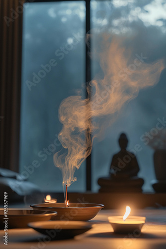 quiet evening scene of someone lighting incense in a meditation room, the soft glow of candles creating a warm and inviting atmosphere. The room is decorated with minimalist décor, including a small s photo