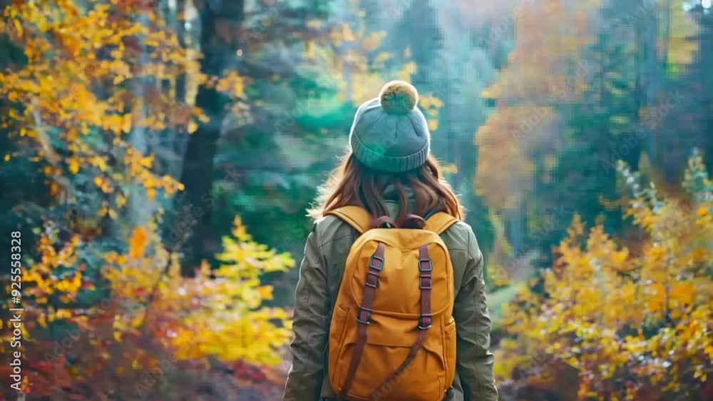 back view of a woman with backpack hiking on nature trail at autumn season
back view of a woman with backpack hiking on nature trail at autumn season