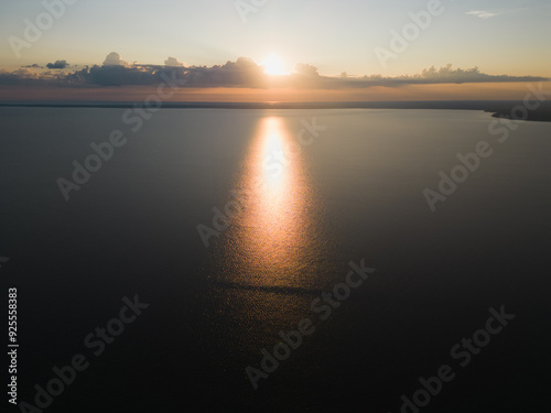 Sunset, sunrise in the Baltic Sea on a summer evening, morning. Drone aerial view photo.