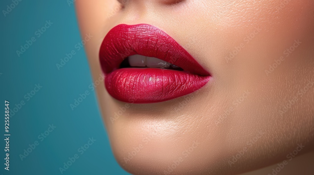 Close-up of a model's lips showcasing deep red lipstick against a blue background Close-up of a model's lips showcasing deep red lipstick against a blue background