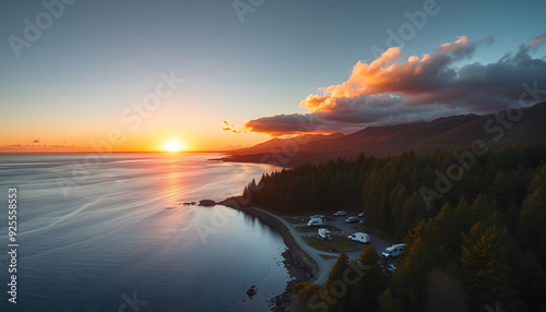 Drone view of a the ocean and a campground with campervans in between forests during sunset at Lake Mahinapua, Hokitika, West Coast, New Zealand isolated with white highlights, png photo