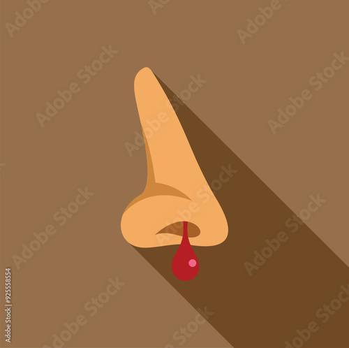 Human nose with a drop of blood, a flat design icon about nosebleed