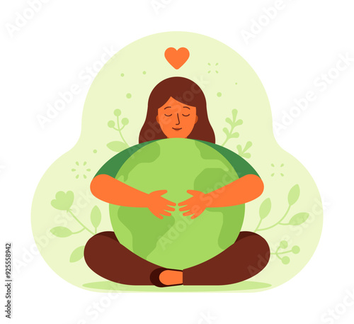 Woman hugging the planet with love. Flat vector illustration isolated on white background. Mother Earth, environmental protection and eco-friendly concept. Perfect for sustainability campaigns