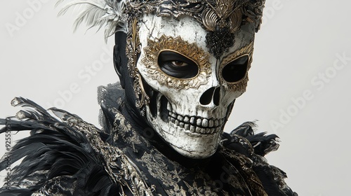 A skeleton wearing a Venetian carnival mask, detailed bones, intricate mask design, hyper-realistic, dark shadows, isolated on white background
