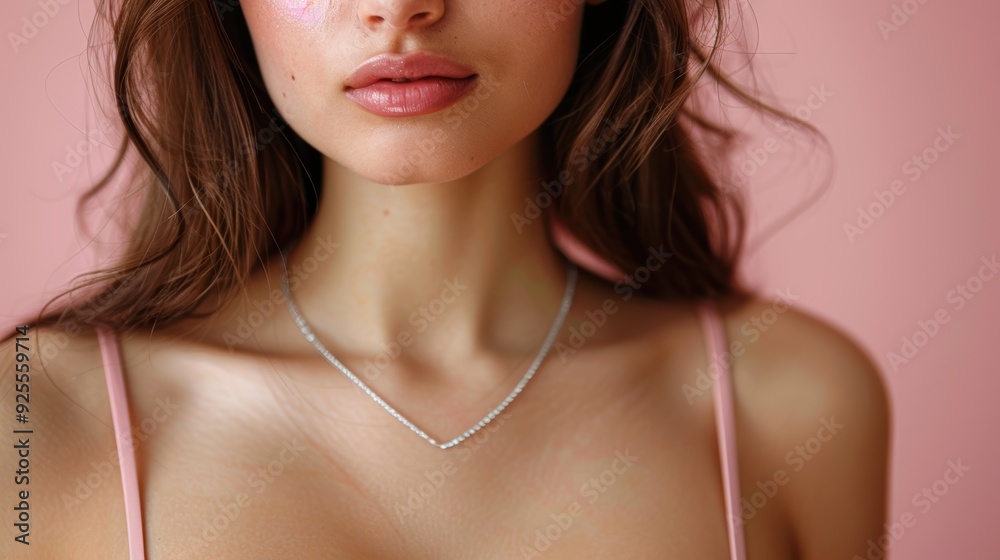 Young woman with long hair standing in front of a pink background, wearing a delicate necklace and showcasing a soft makeup look Young woman with long hair standing in front of a pink background, wearing a delicate necklace and showcasing a soft makeup look