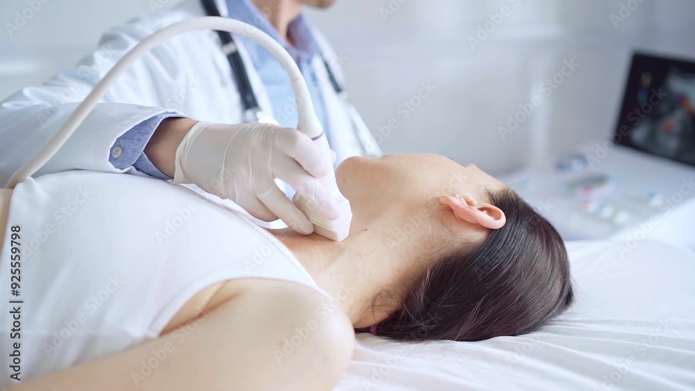 Obraz premium Doctor man is using ultrasound equipment on neck of female patient lying down for a medical examination. Medicine and science