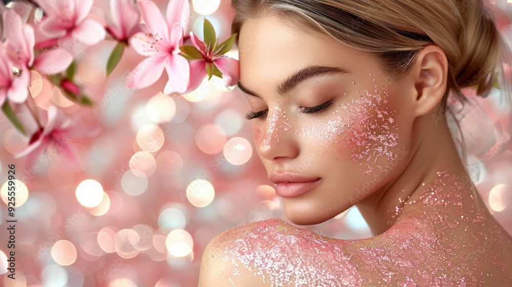 A young woman with shimmering makeup poses gracefully in front of blooming pink flowers amidst a sparkling background A young woman with shimmering makeup poses gracefully in front of blooming pink flowers amidst a sparkling background