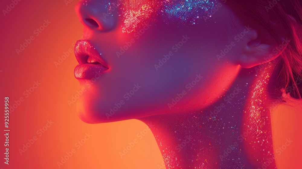 Woman with glitter on her face in vibrant colored lighting during a creative photo shoot Woman with glitter on her face in vibrant colored lighting during a creative photo shoot