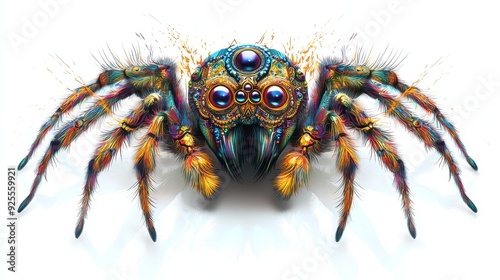 A spider with multiple eyes, wearing an ornate Halloween party mask, digital art, vibrant colors, isolated on white background