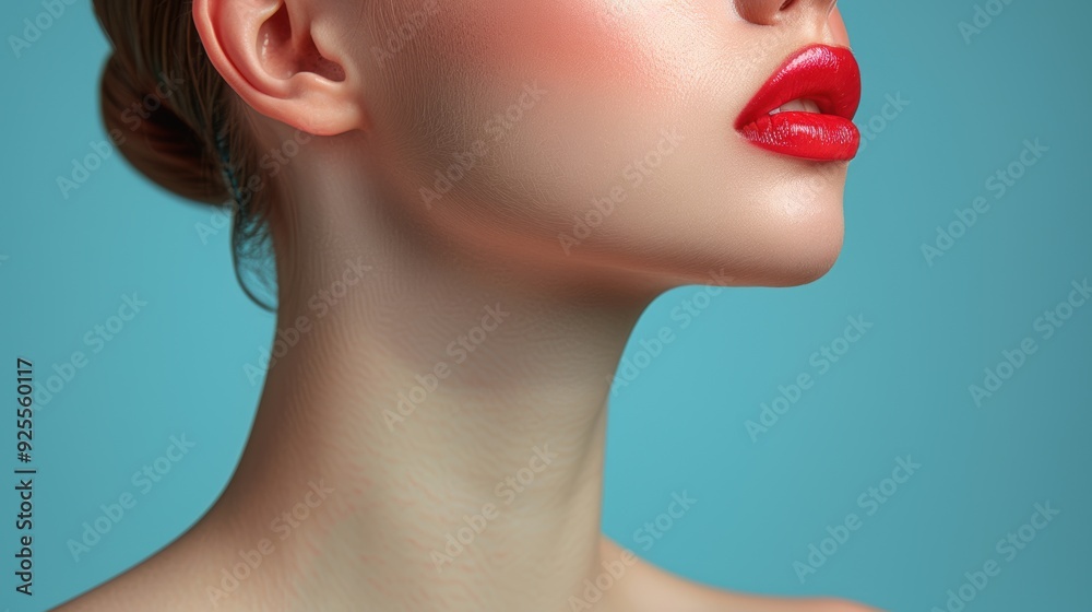 A close-up of a model's profile showcasing radiant skin and bold red lips against a turquoise background A close-up of a model's profile showcasing radiant skin and bold red lips against a turquoise background