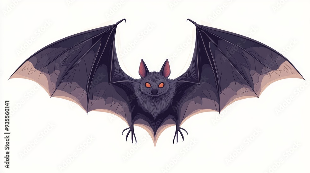 A vampire bat with large wings spread, Halloween party mask, modern flat design, minimalist approach, isolated on white background