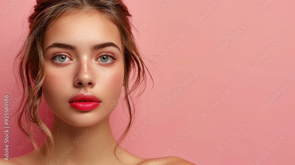 Young woman with striking features posing against a soft pink background in natural light Young woman with striking features posing against a soft pink background in natural light