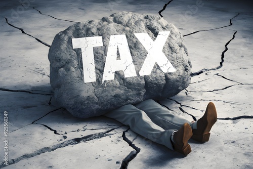 Person crushed under massive TAX labeled boulder on cracked concrete