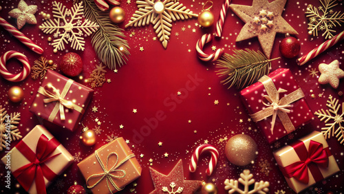 Christmas background with decorations and gift boxes. Top view with copy space.